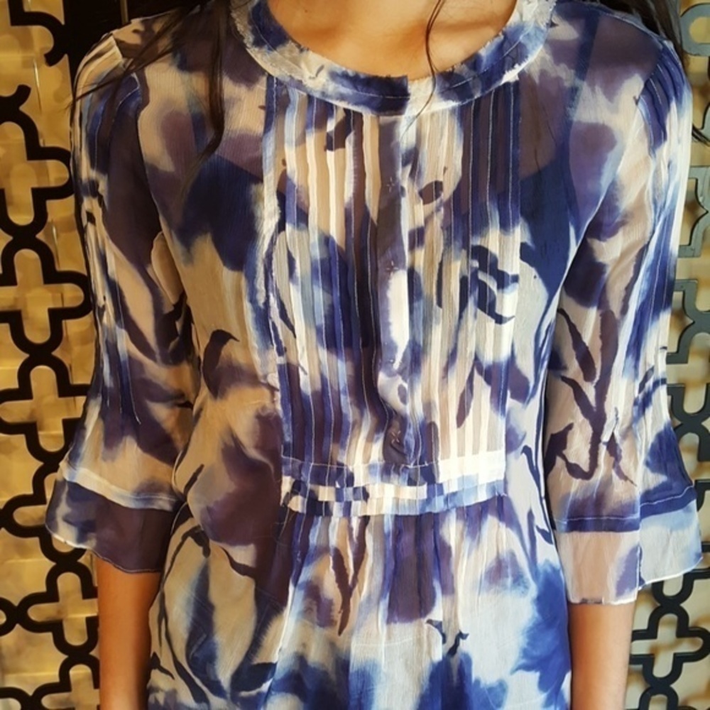 ELLIE TAHARI for Nordstrom BLUE BLK FLORAL SILK BLOUSE SIZE XS/TP